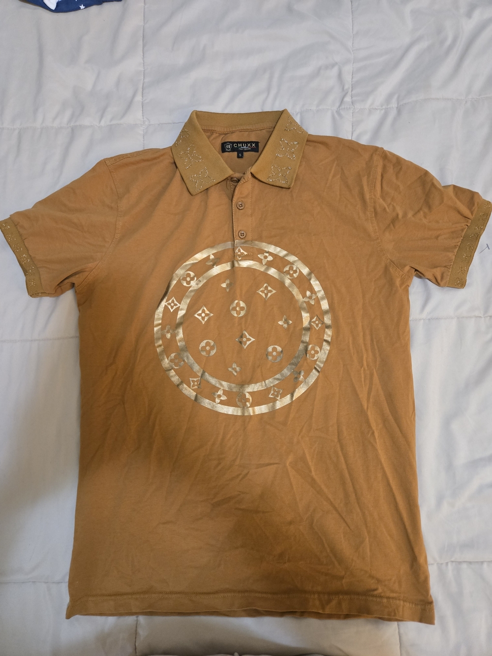 Men's Tan Polo with Gold Metallic Graphic